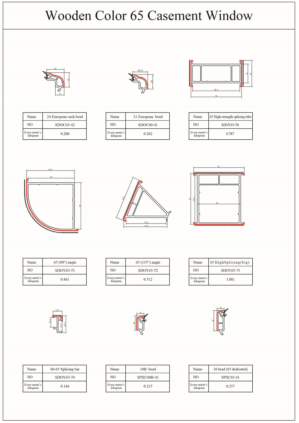 Wooden Color Series 65 uPVC Casement Window Profiles Drawing