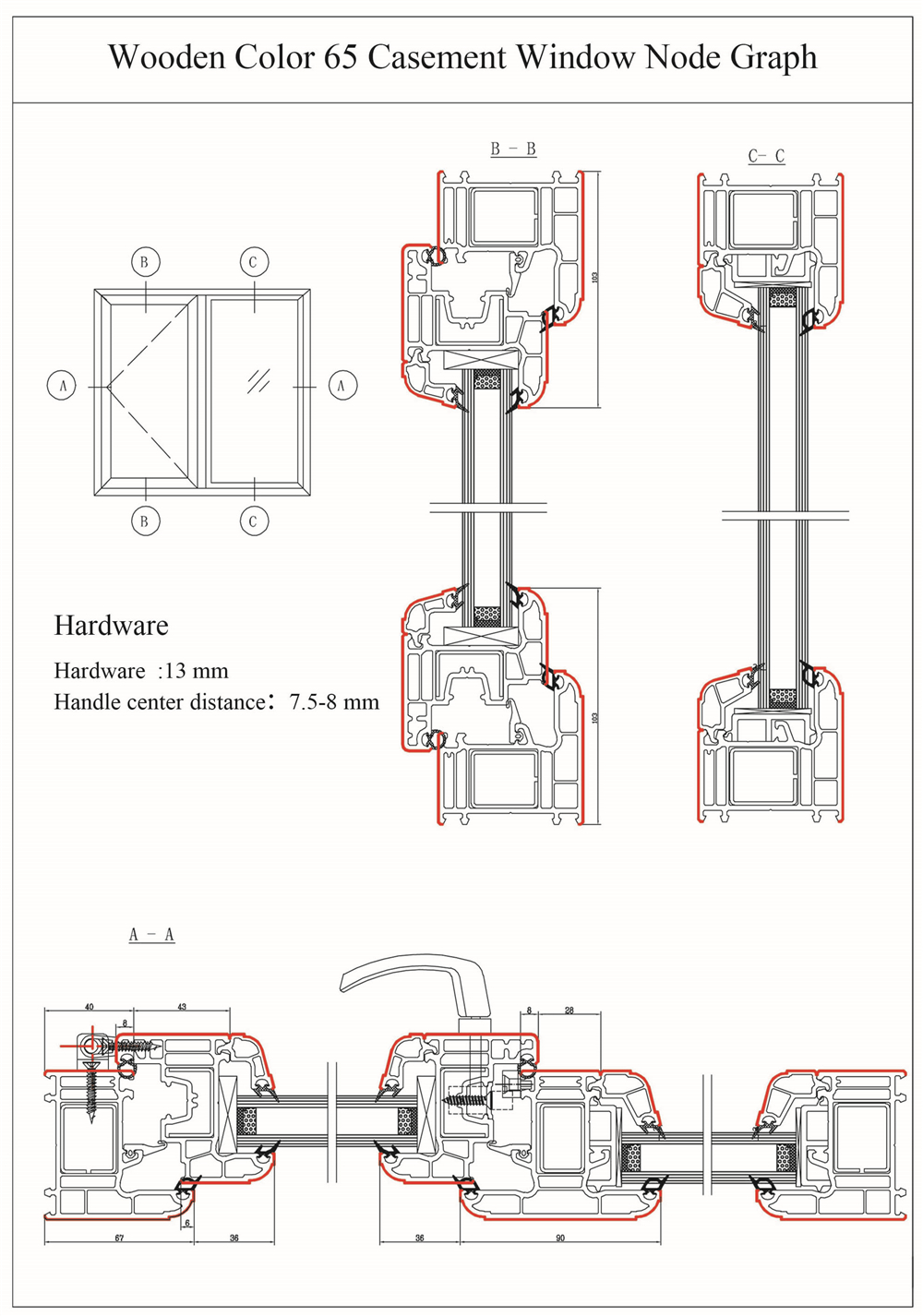 Wooden Color Series 65 uPVC Casement Window Profiles Drawing